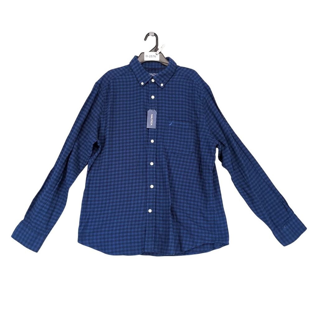NWT Nautica Blue Black Check Flannel Button Down Shirt Mens L Classic Fit Fall